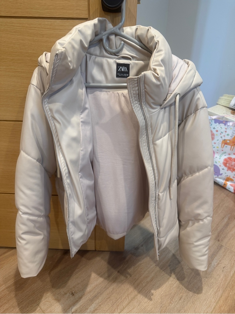 Zara Light Beige Puffer Jacket with Hood